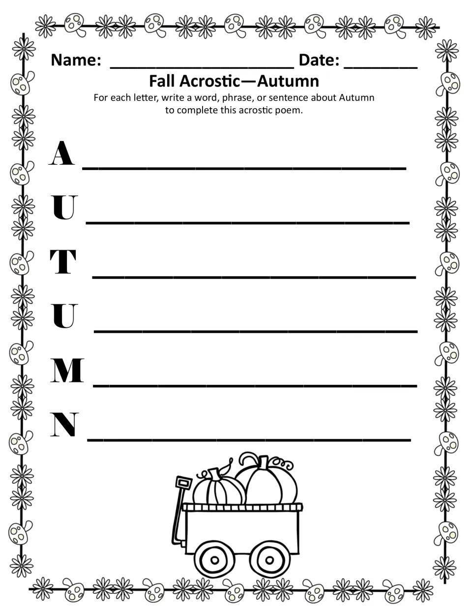 Autumn acrostic poem, black-and-white copy: students start a line about fall with each letter of AUTUMN
