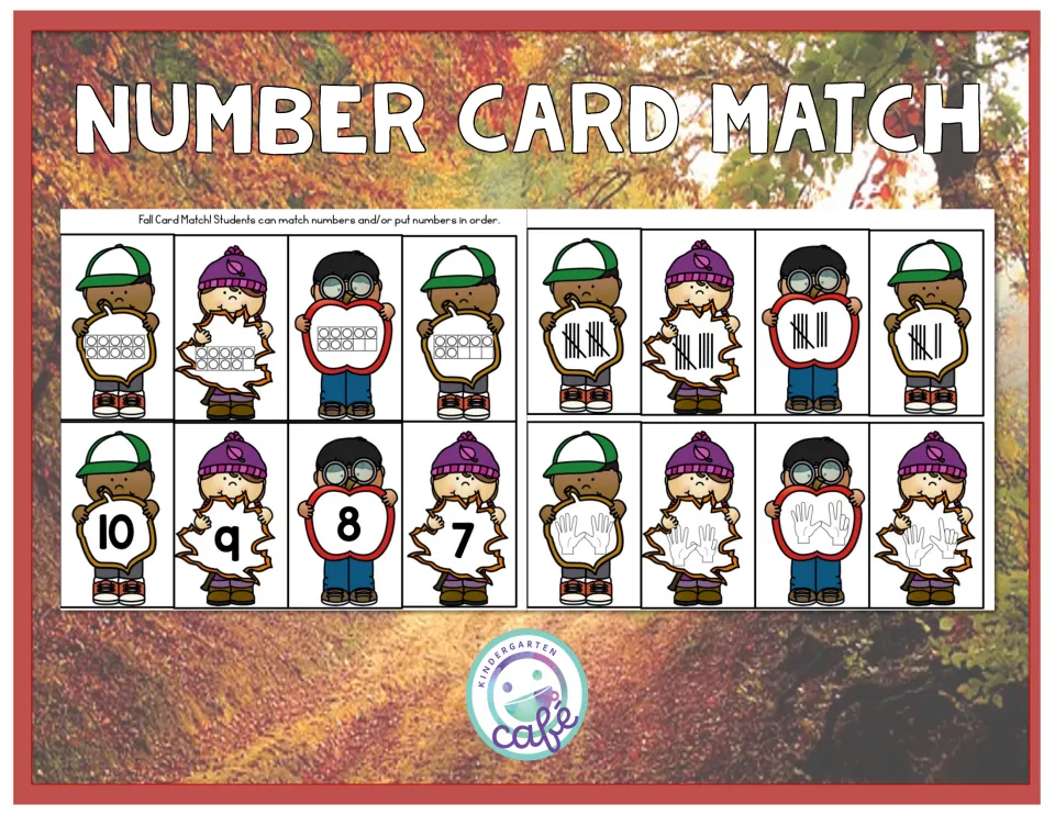 Number Card Match cover showing sample numeral, ten-frame, tally-mark, and finger-count cards for fall