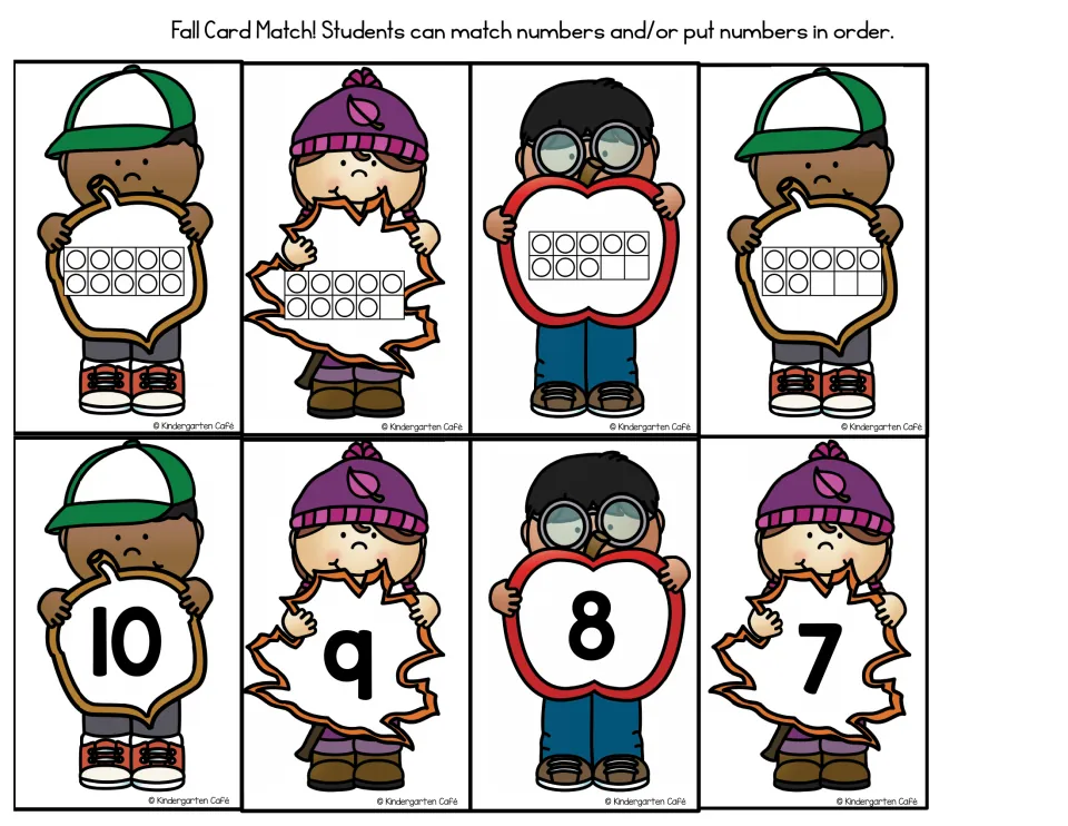 Eight fall number cards representing 10, 9, 8, and 7 as ten frames and numerals for matching or ordering