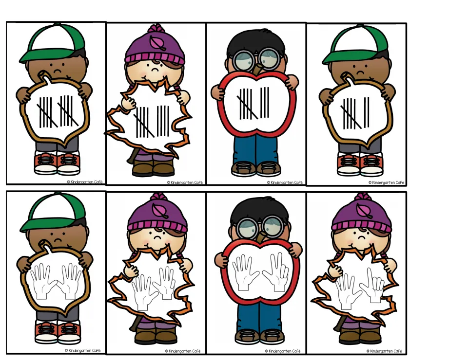 Eight fall number cards representing 10, 9, 8, and 7 as tally marks and finger counts for number matching