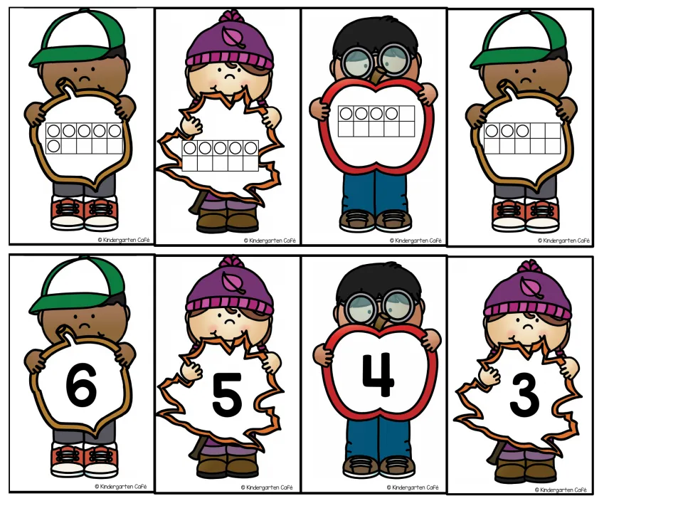 Eight fall number cards representing 6, 5, 4, and 3 as ten frames and numerals for matching or ordering