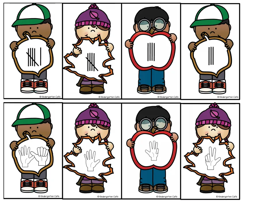 Eight fall number cards representing 6, 5, 4, and 3 as tally marks and finger counts for number matching