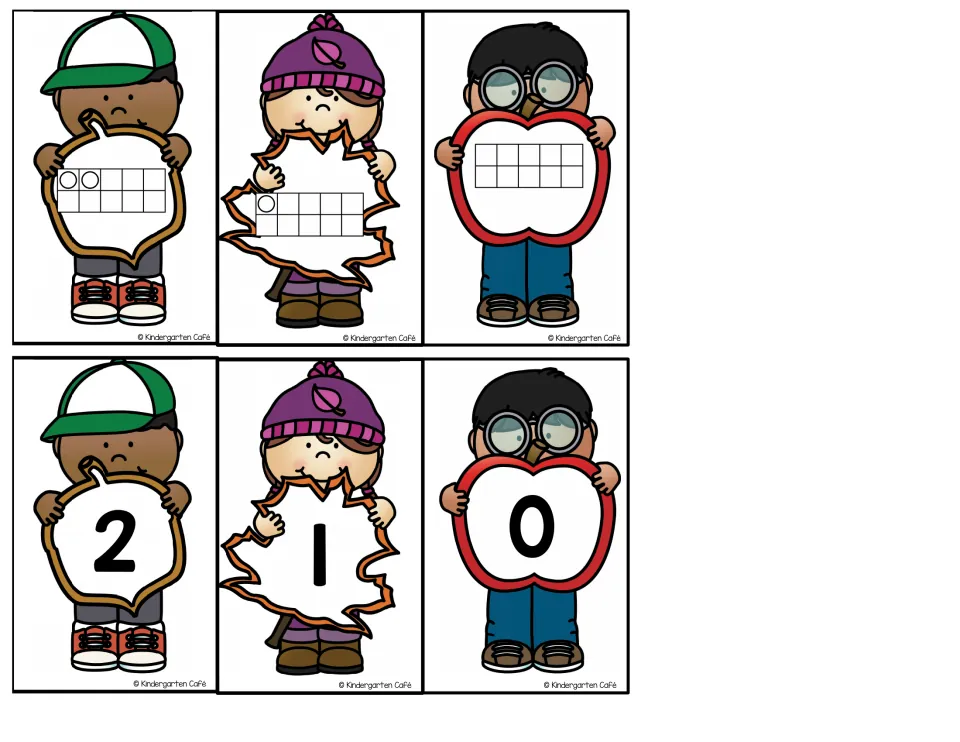 Six fall number cards representing 2, 1, and 0 as ten frames and numerals for matching or ordering