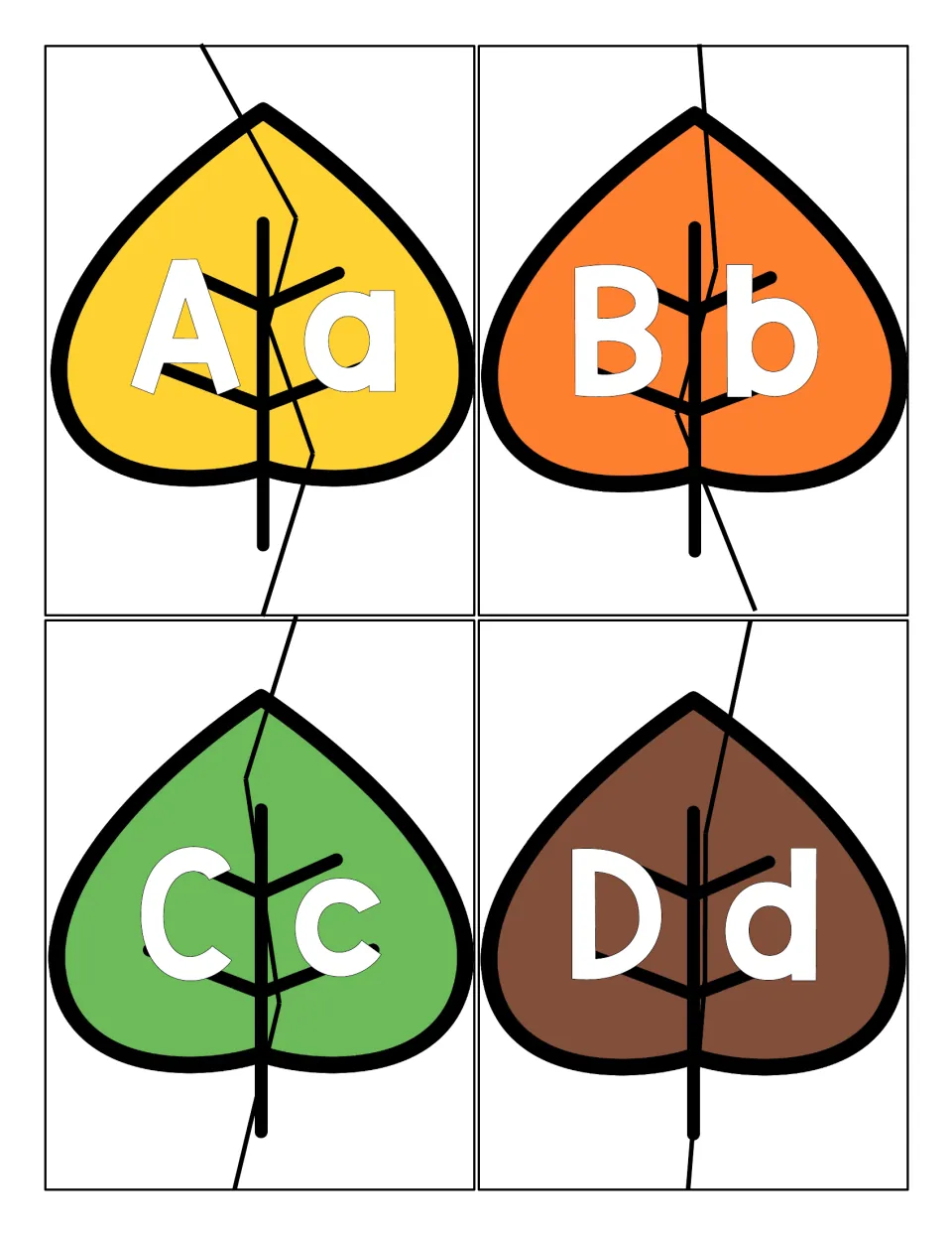 Letter matching A to D: four fall leaves, each split by a zigzag cut line into an uppercase and lowercase piece