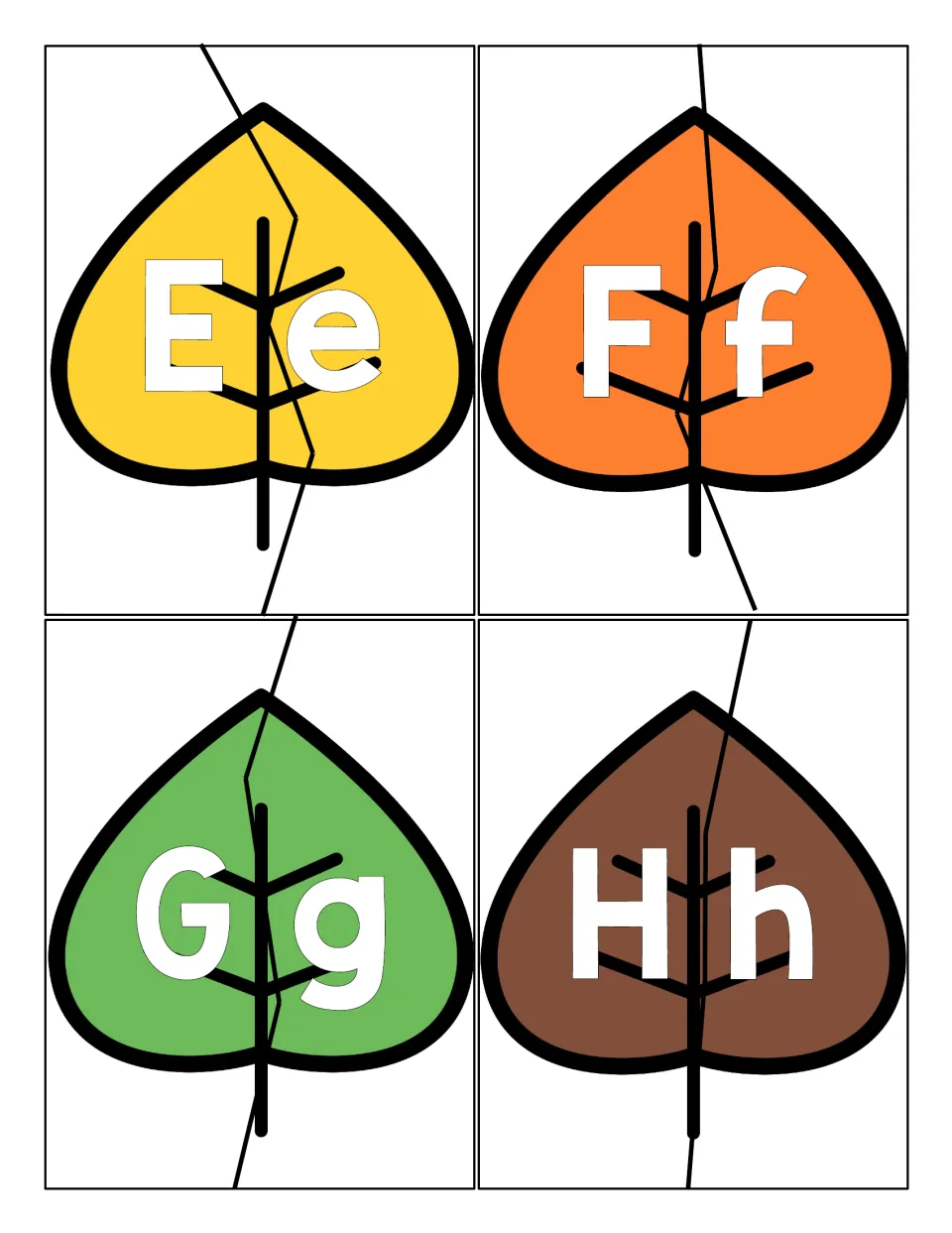 Letters E to H on fall leaves: students cut each leaf in two and rejoin uppercase E, F, G, H with its lowercase match