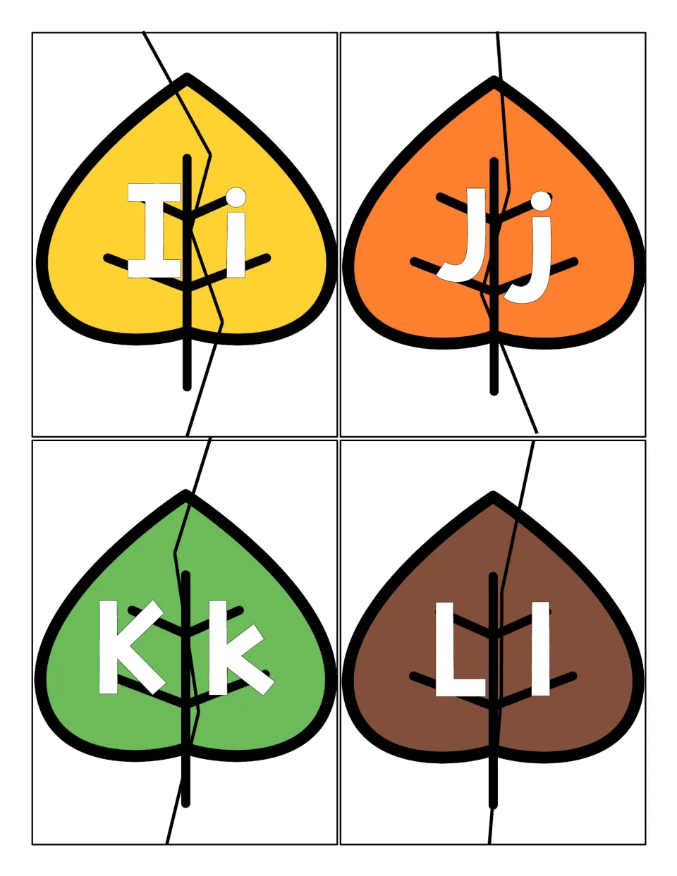 Upper- and lowercase matching for I, J, K and L: four two-piece leaf puzzles that fit together only with the right pair