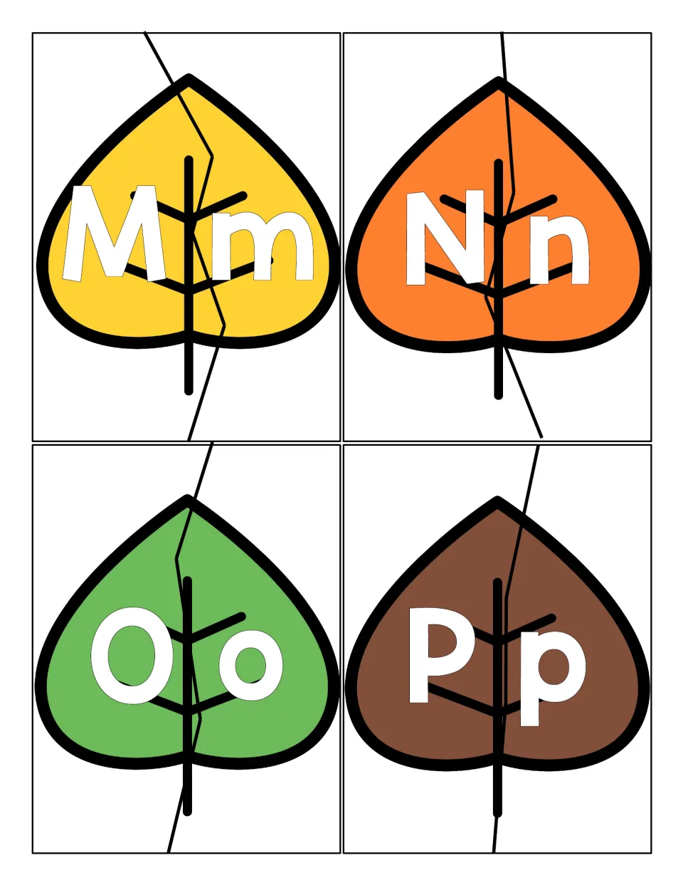 Leaf puzzles for M, N, O and P: children join each capital letter half to its lowercase half to practise letter pairs