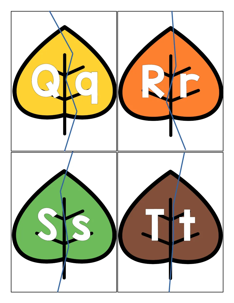 Matching capital and small letters Q, R, S and T: four autumn leaves, each cut into two puzzle pieces along a zigzag