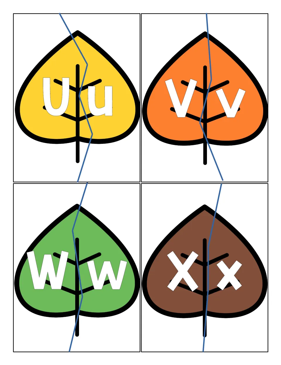 Letter-pair puzzles for U, V, W and X: students cut along the zigzag and reassemble each leaf by matching letter cases