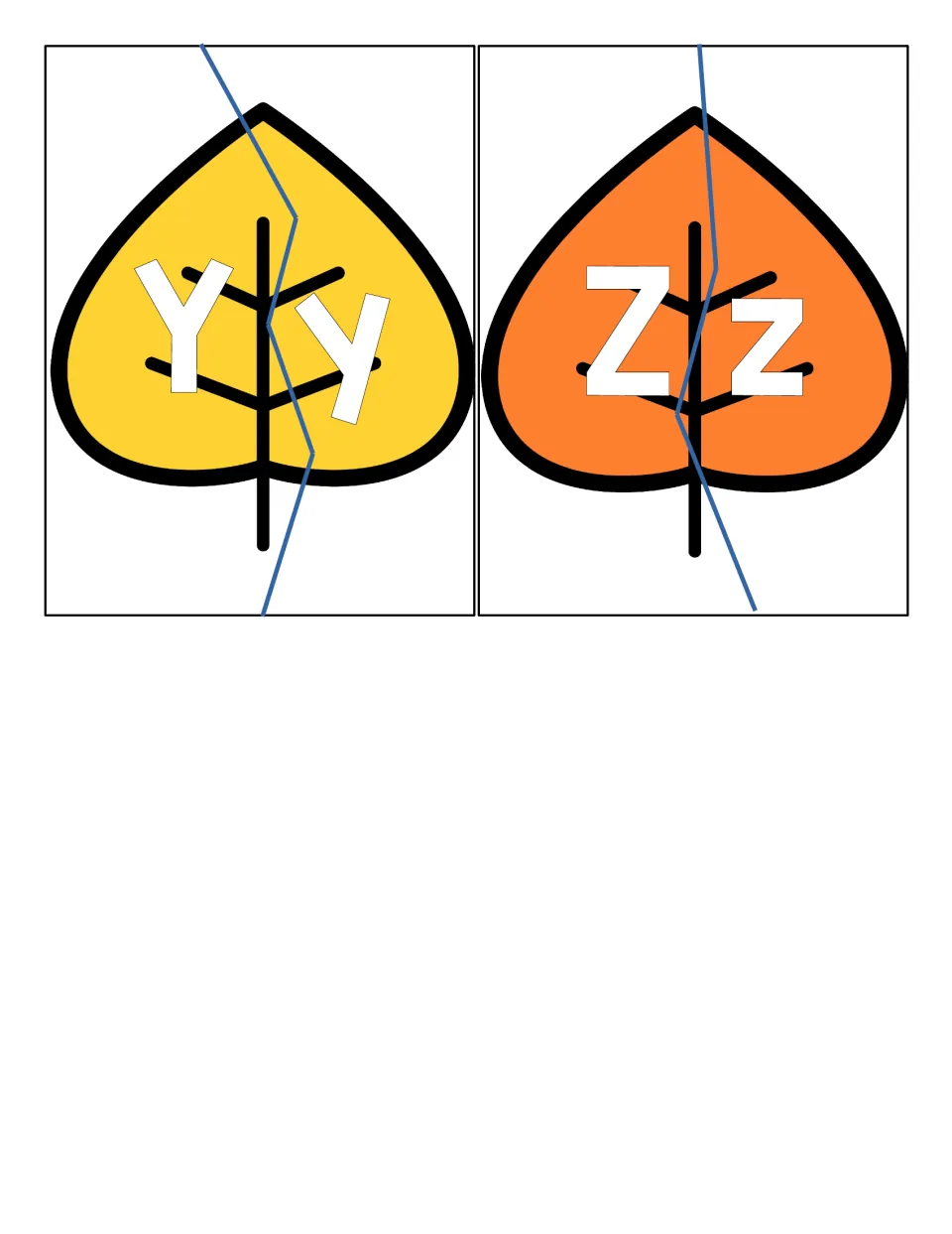 Final letters Y and Z: two leaf puzzles, a yellow Yy and an orange Zz, each cut in half to match uppercase to lowercase