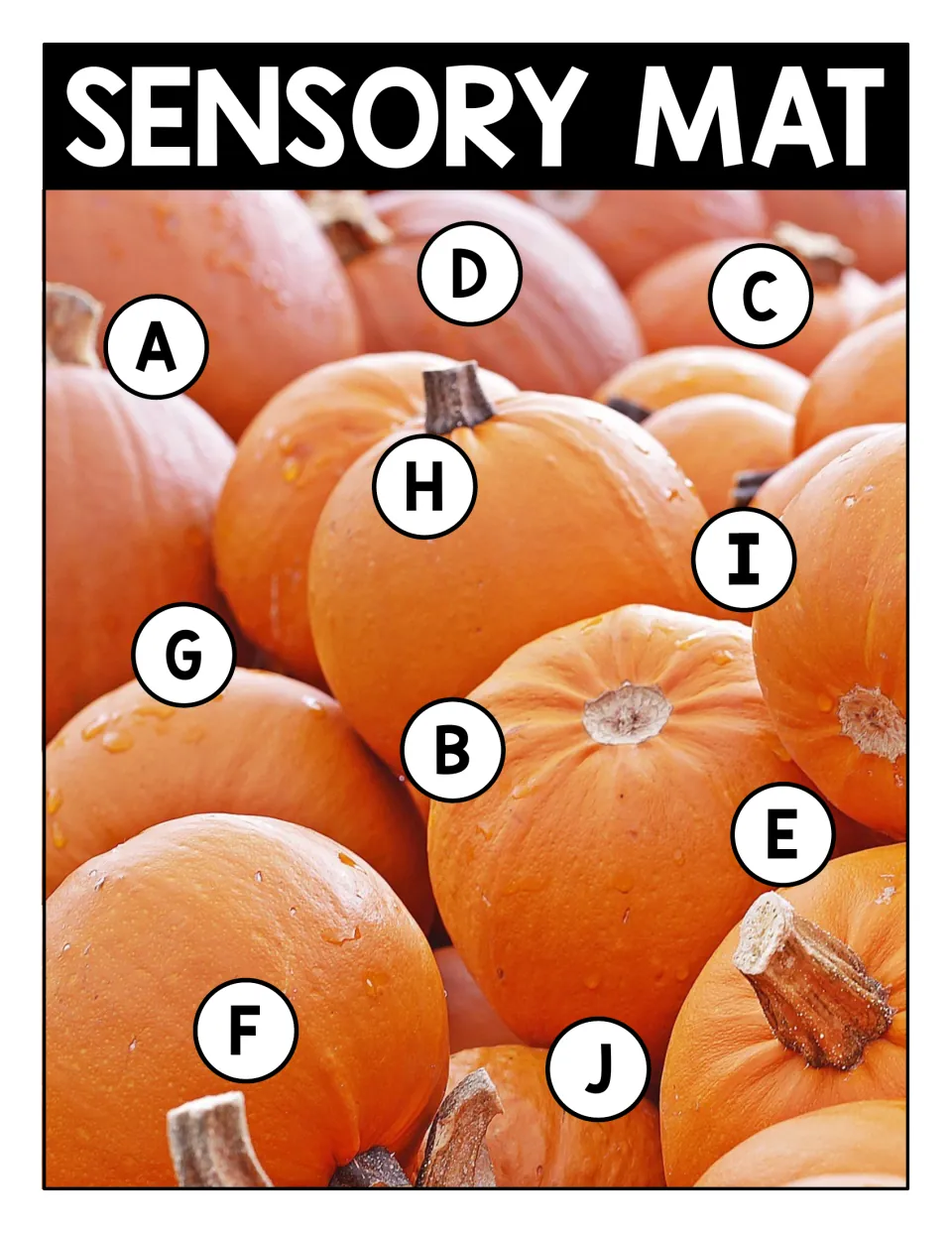 Uppercase letter matching on a pumpkin patch photo: Sensory Mat with circled letters A to J for students to find and match