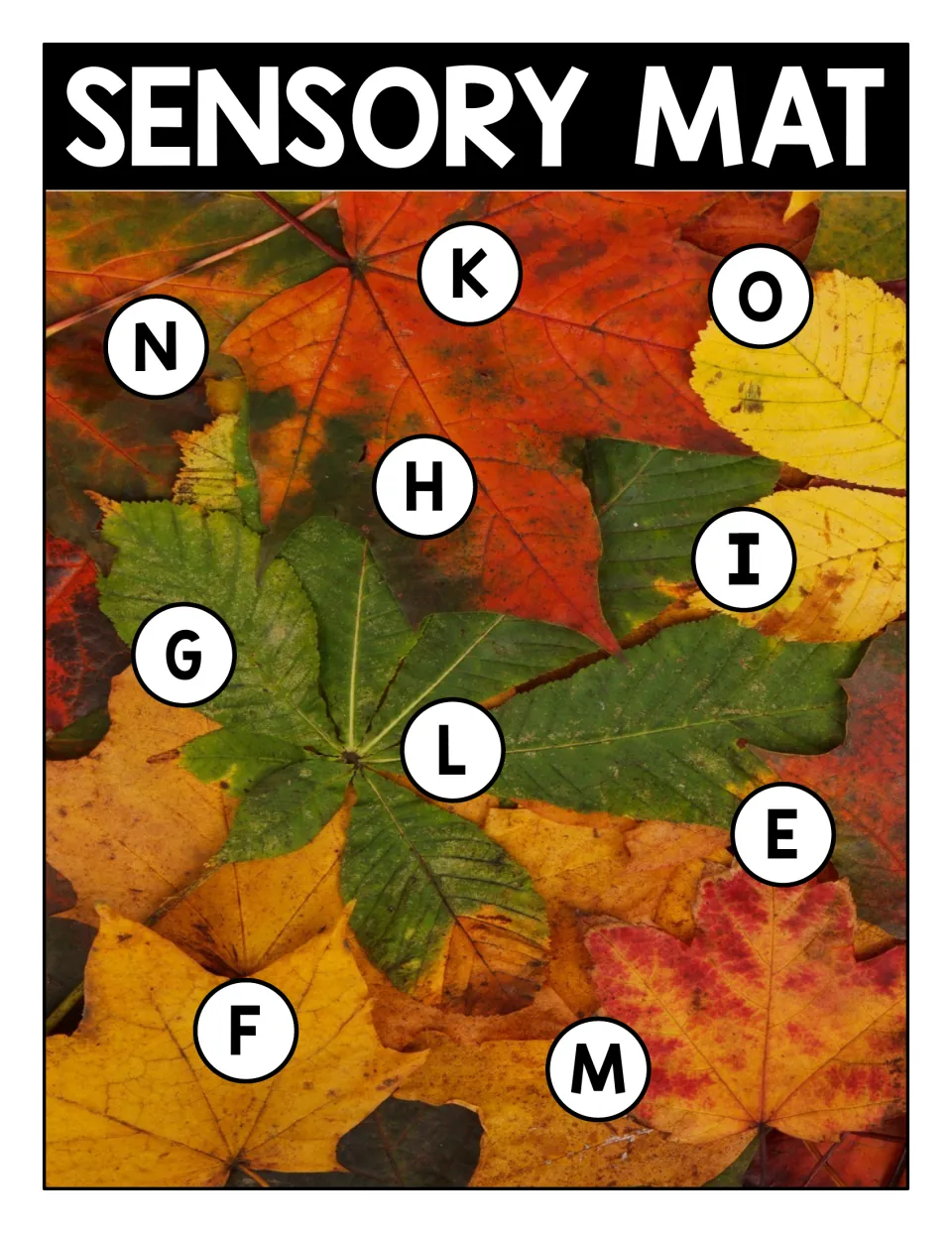Uppercase letter matching on a fall leaves photo: Sensory Mat with circled letters E to O, minus J, to find and match