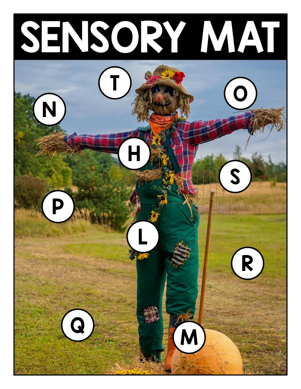 Uppercase letter matching on a scarecrow photo: Sensory Mat with circled letters H, L to T for students to find and match