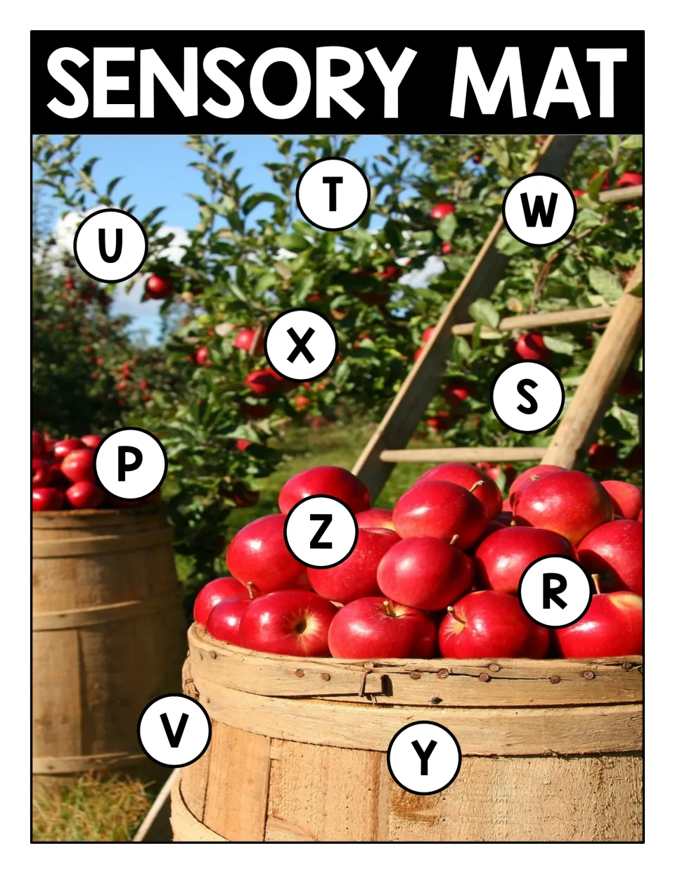 Uppercase letter matching on an apple orchard photo: Sensory Mat with circled letters P to Z, minus Q, to find and match