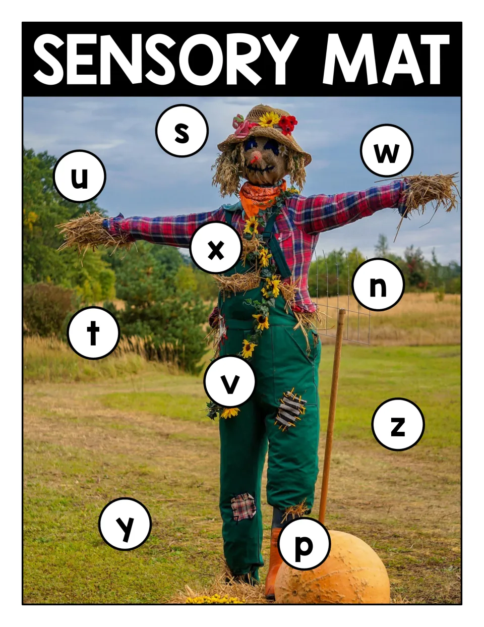 Lowercase letter matching on a scarecrow photo: Sensory Mat with circled letters n, p, s and t to z to find and match