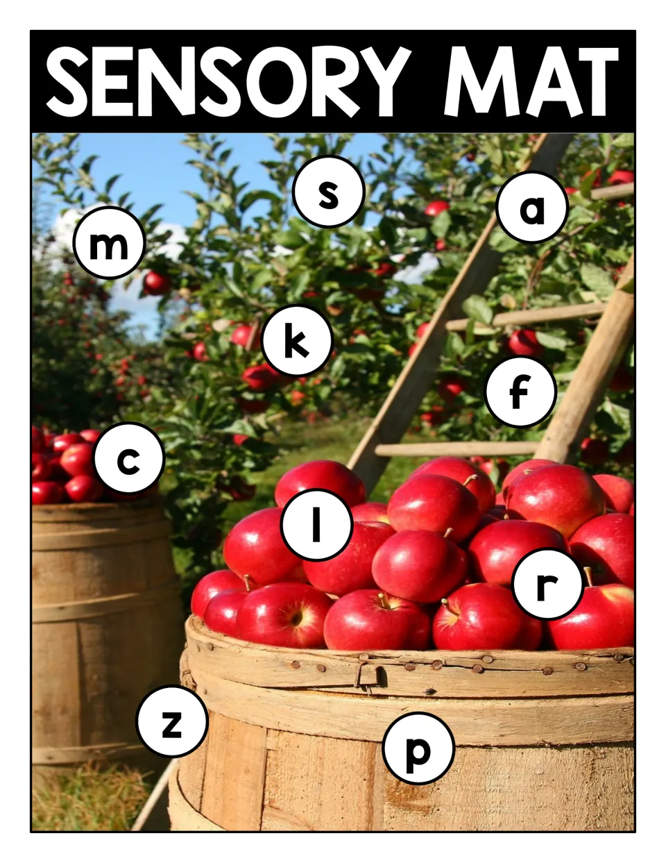 Lowercase letter review on an apple orchard photo: Sensory Mat with mixed circled letters a, c, f, k, l, m, p, r, s and z