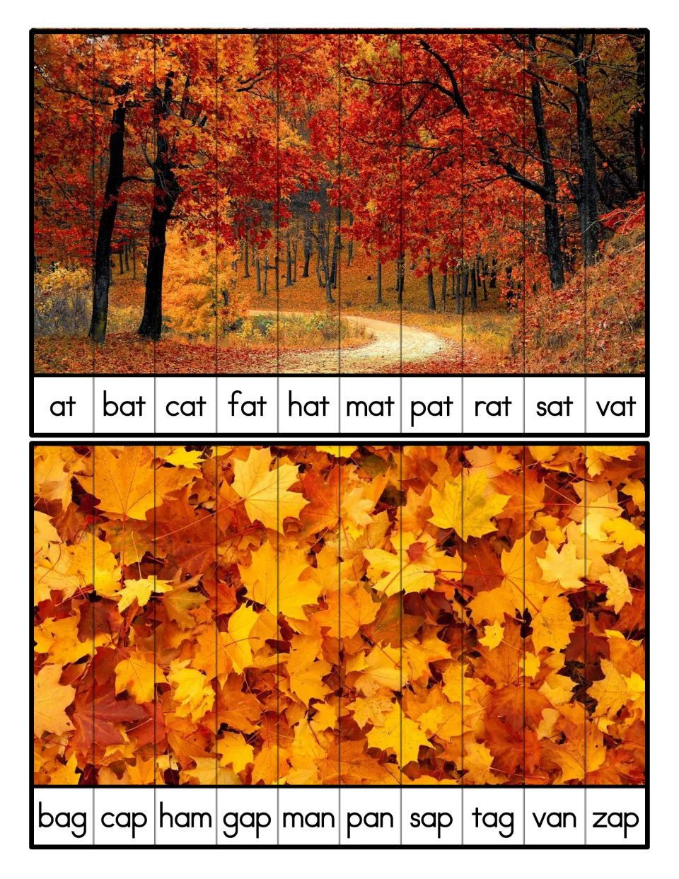 Short a ABC order: students cut 10 strips per photo (forest path, maple leaves) and order words at to vat, bag to zap