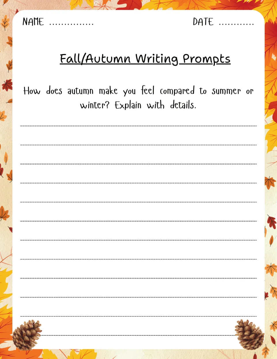 Fall writing prompt 4 asks students to explain how autumn makes them feel compared to summer or winter.