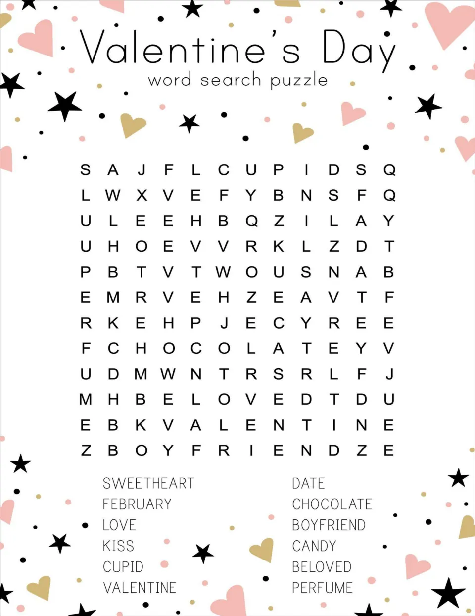 Valentine's Day word search puzzle: students find 12 words such as cupid, chocolate, sweetheart and February in the grid