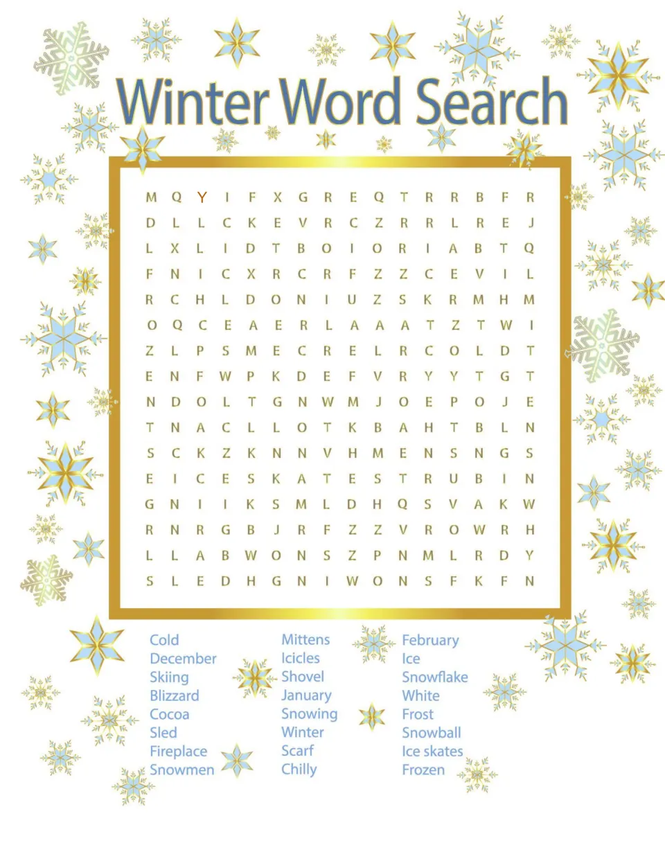 Winter word search: students locate 24 cold-weather words such as blizzard, mittens, icicles and cocoa