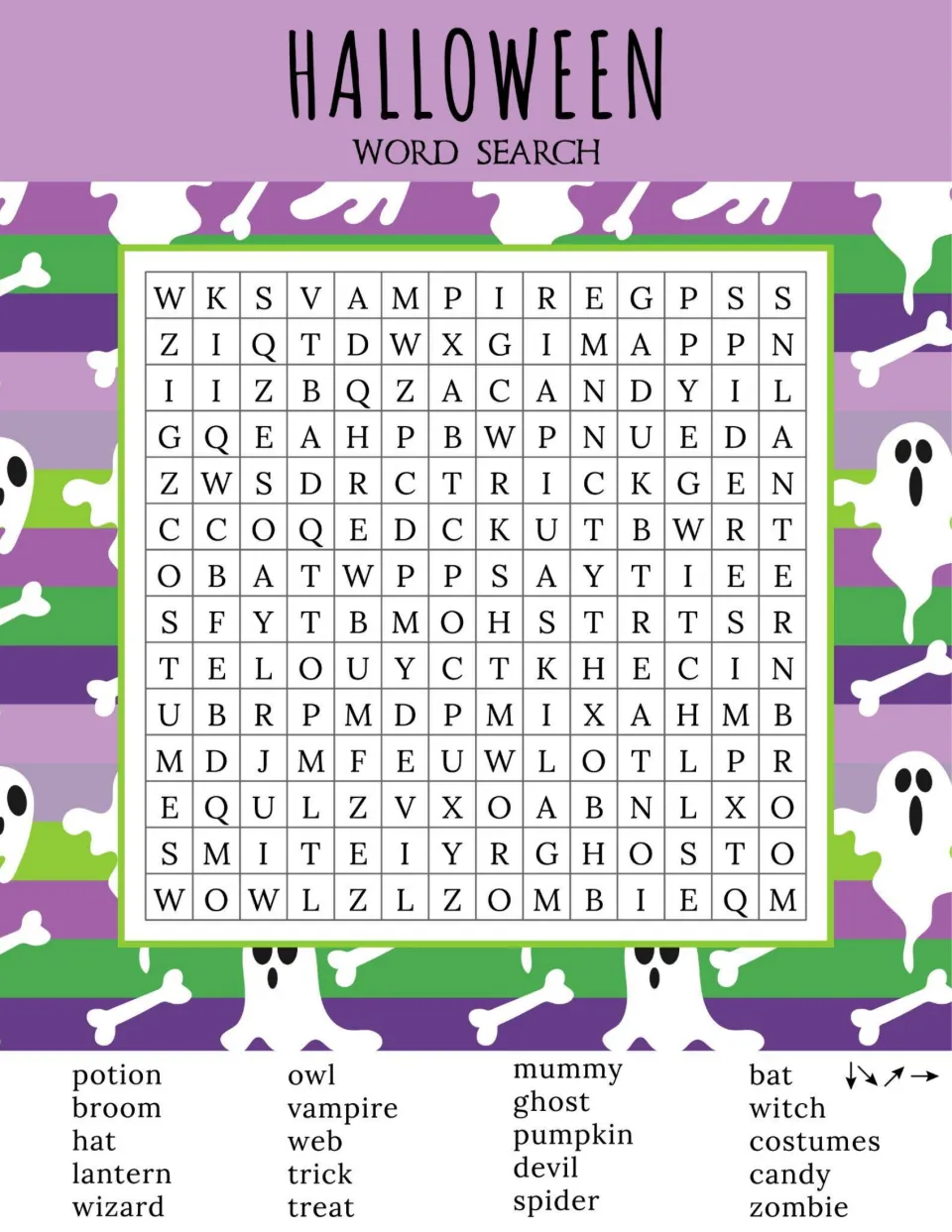 Halloween word search: students find 20 spooky words like vampire, potion, zombie and costumes hidden in four directions
