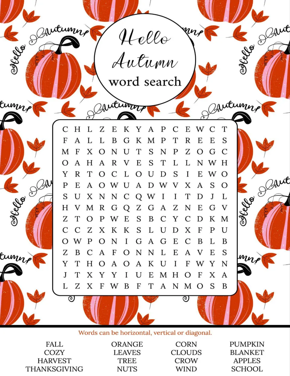 Hello Autumn word search: students find 16 words like harvest, Thanksgiving and pumpkin set across, down or diagonally