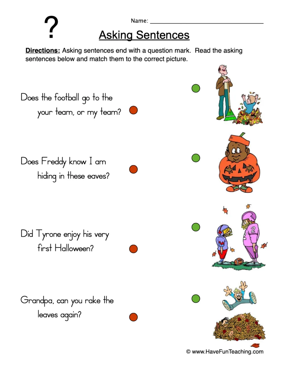Asking sentences practice: match four questions about football, hiding, Halloween, and raking to pictures.