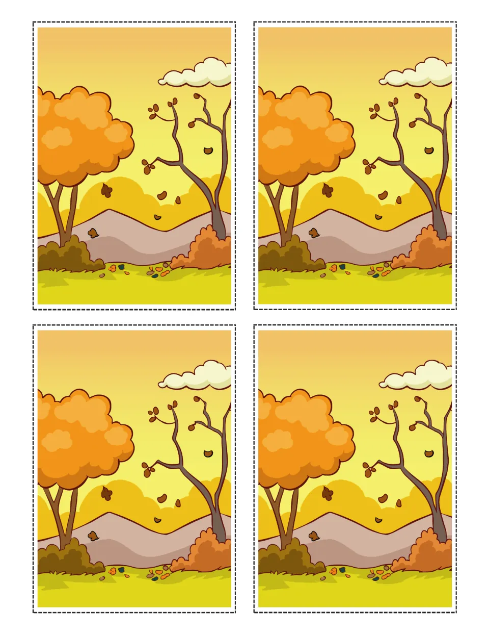 Fall animal flashlight card sheet with four matching autumn scenes showing trees and falling leaves.