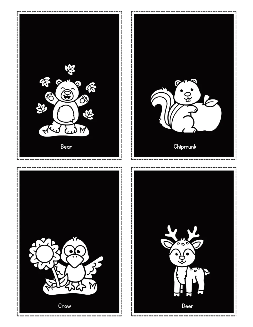 Fall animal flashlight cards featuring labeled pictures of Bear, Chipmunk, Crow, and Deer for hidden reveals.
