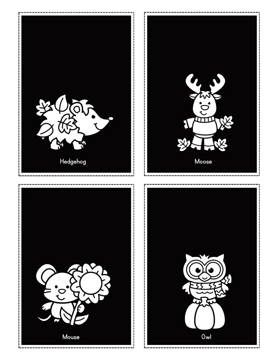 Fall animal flashlight cards featuring labeled pictures of Hedgehog, Moose, Mouse, and Owl for hidden reveals.