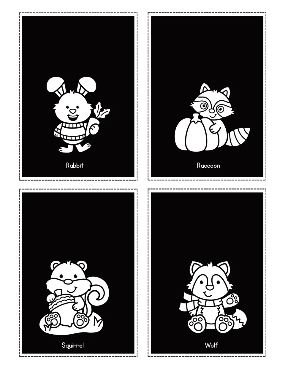 Fall animal flashlight cards featuring labeled pictures of Rabbit, Raccoon, Squirrel, and Wolf for hidden reveals.