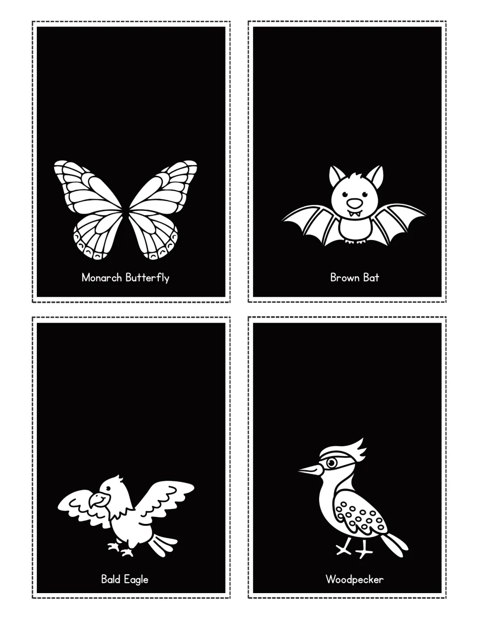 Fall animal flashlight cards labeled Monarch Butterfly, Brown Bat, Bald Eagle, and Woodpecker, each with a picture.