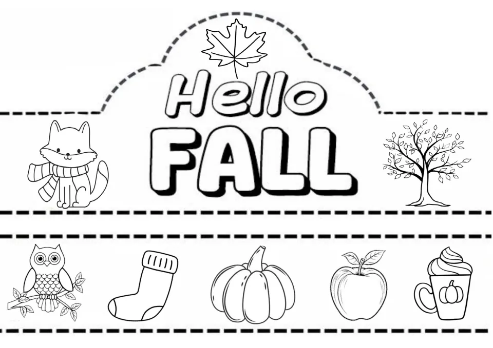 Hello Fall crown to color and cut out: fox in a scarf and tree, plus a band with owl, sock, pumpkin, apple and cocoa