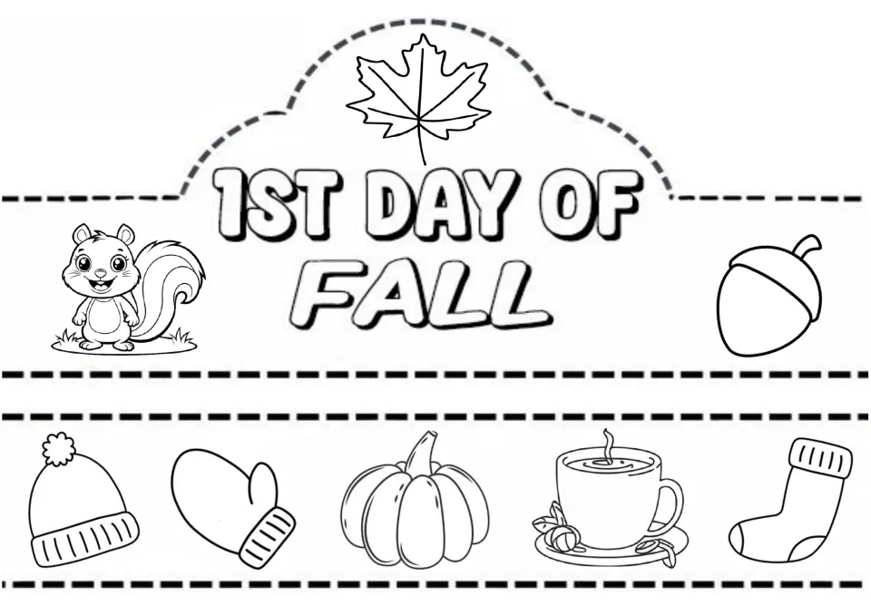 1st Day of Fall crown to color and cut: squirrel and acorn by the title, plus a band of hat, mitten, pumpkin, tea, sock