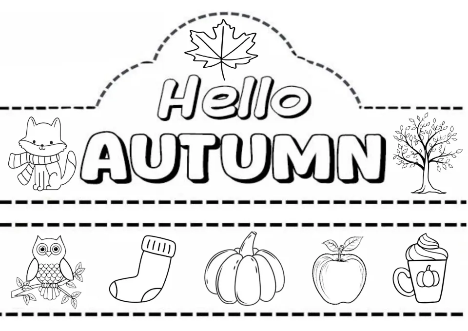 Hello Autumn crown to color and cut out, with a scarf-wearing fox and tree, and a band of owl, sock, pumpkin, apple, cocoa