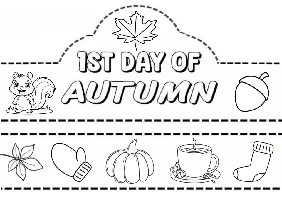 1st Day of Autumn crown for coloring and cutting: squirrel and acorn by the title, band of leaf, mitten, pumpkin, tea, sock