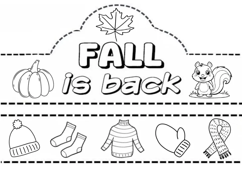 Fall Is Back crown to color and cut, with pumpkin and squirrel, and a band of clothes: hat, socks, sweater, mitten, scarf