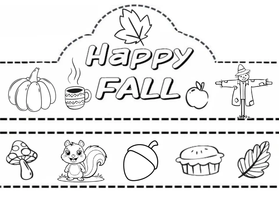 Happy Fall crown to color and cut: pumpkin, mug, apple and scarecrow, with a band of mushroom, squirrel, acorn, pie and leaf