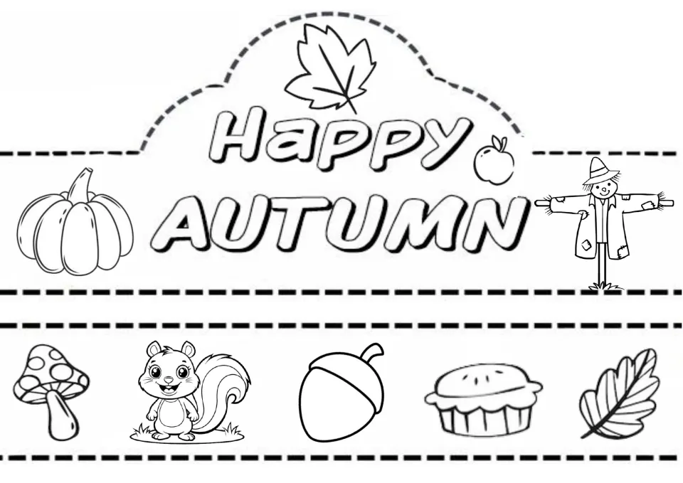 Happy Autumn crown for coloring and cutting with pumpkin, apple and scarecrow, plus a band of mushroom, squirrel, acorn, pie