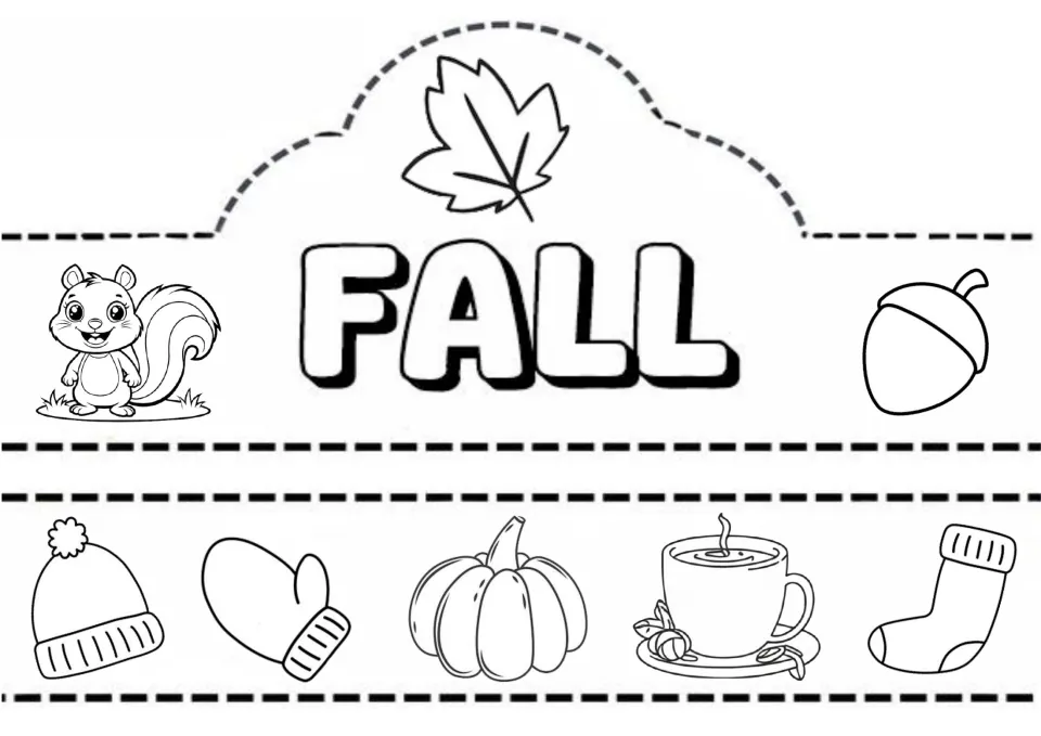 Fall crown with one word to color and cut, squirrel and acorn on the sides, and a band of hat, mitten, pumpkin, tea, sock