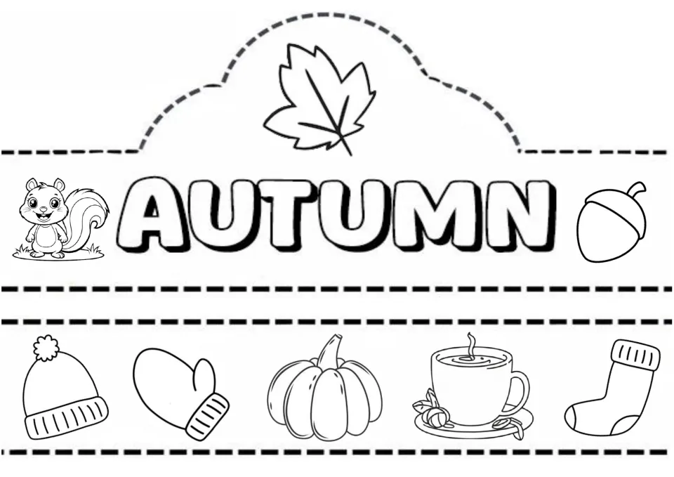 Autumn crown showing one word with squirrel and acorn, to color and cut, plus a band of hat, mitten, pumpkin, tea, sock