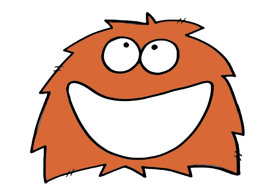 Rust-orange monster sorting mat: a smiling furry rust-orange monster with a big open white mouth and no printed words
