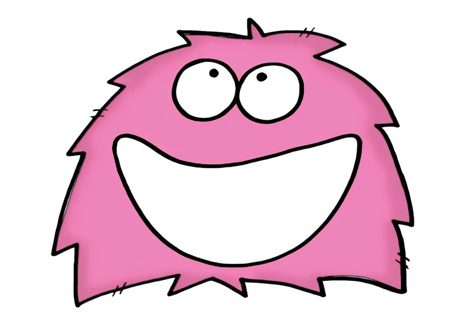 Pink monster sorting mat: a smiling furry light pink monster with wide eyes and a big open white mouth, no printed words