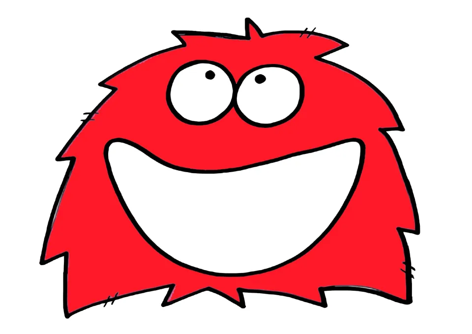 Red monster sorting mat: a smiling furry red monster with round eyes glancing upward and a big open white mouth, no text