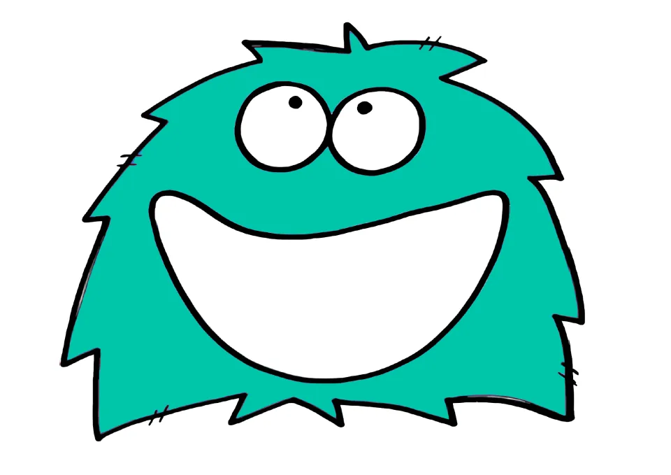 Teal monster sorting mat: a happy furry teal monster looking upward with a big open white mouth, no printed words