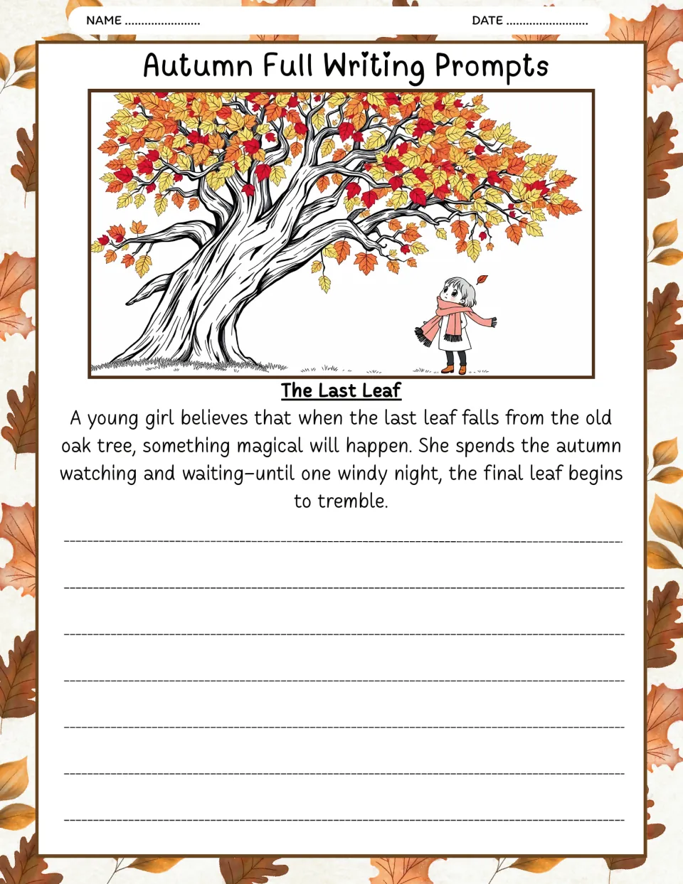 The Last Leaf writing prompt: a girl waits for the final oak leaf to fall, believing magic will follow.