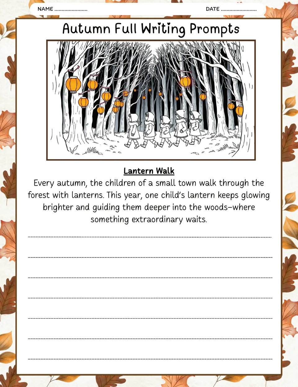 Lantern Walk writing prompt: a child's lantern glows brighter and guides the children deeper into the woods.