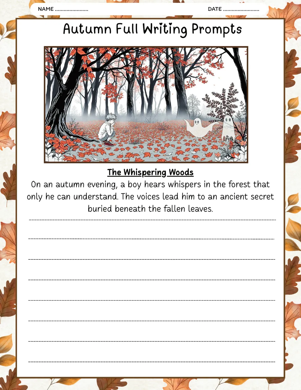 The Whispering Woods writing prompt: a boy follows forest voices to an ancient secret beneath fallen leaves.