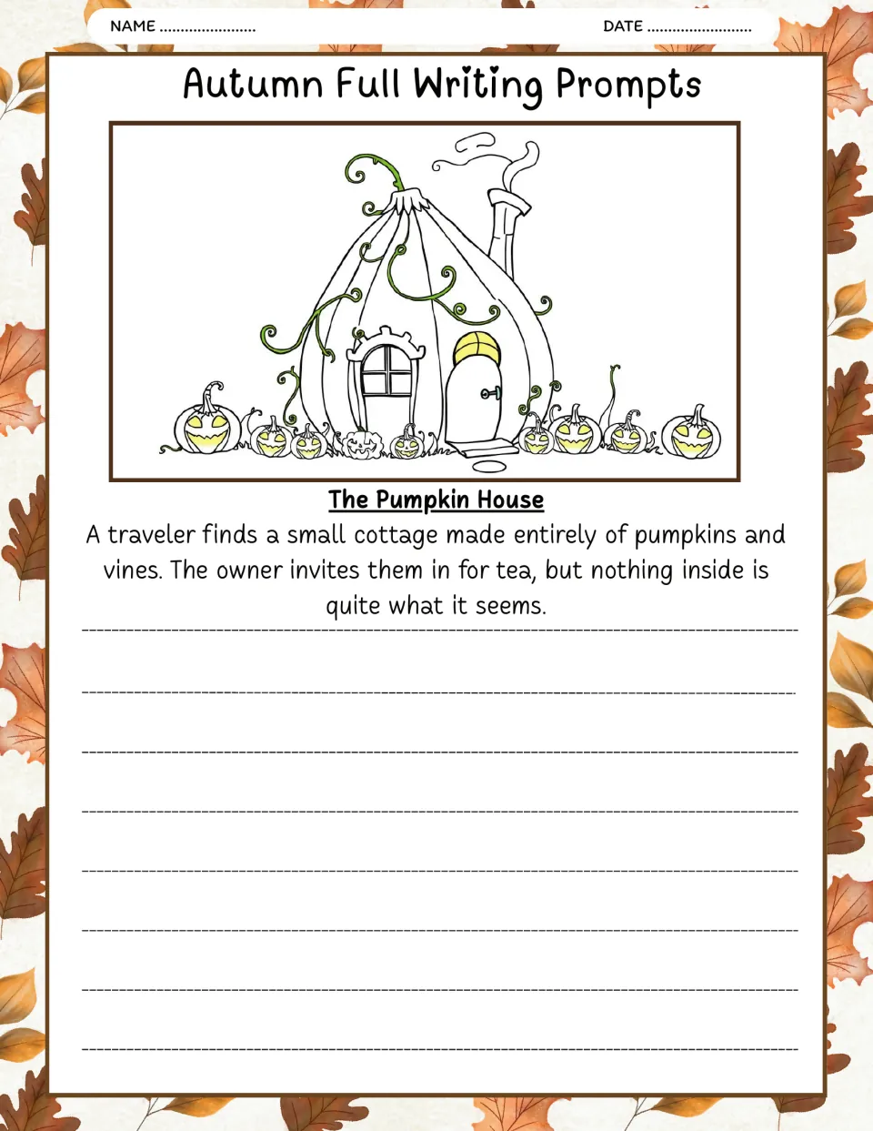 The Pumpkin House writing prompt: a traveler visits a cottage made of pumpkins and vines and is invited to tea.