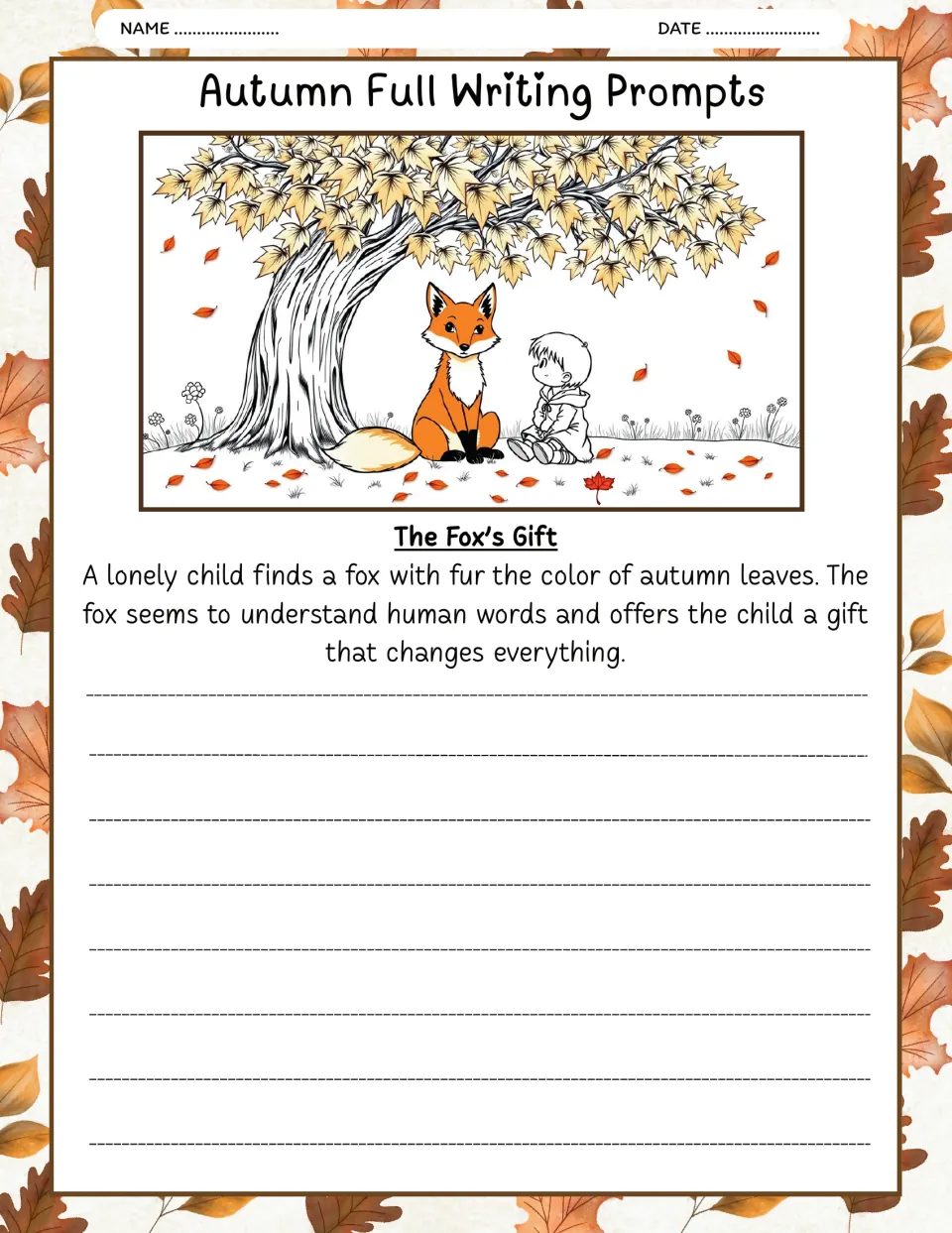 The Fox's Gift writing prompt: a lonely child meets an autumn-colored fox that offers a life-changing gift.